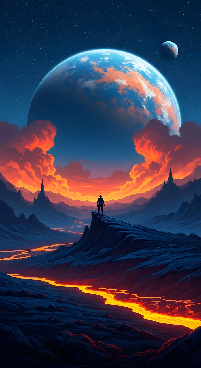 Explorer on Cliff Overlooking Lava River and Alien Planet - Free Mobile AMOLED Wallpaper Background