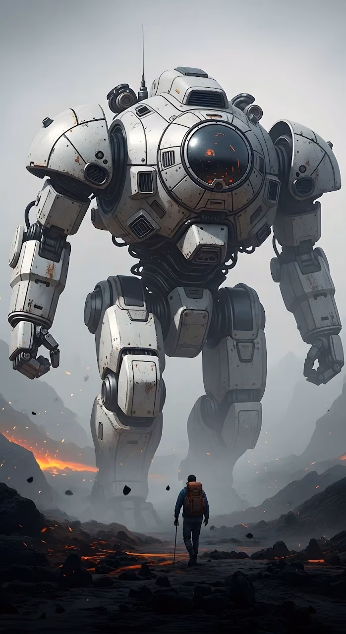 Explorer Facing Giant White Mech in Volcanic Wasteland - Free Mobile AMOLED Wallpaper Background