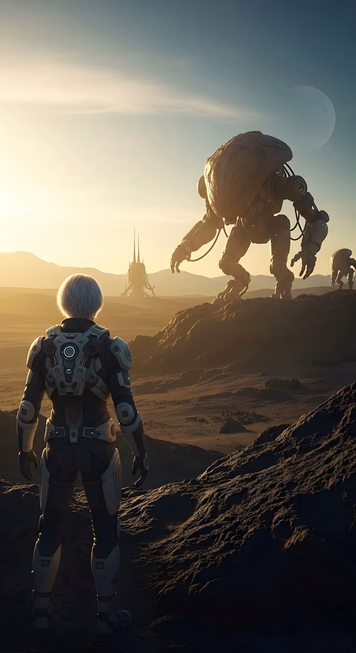 Download Explorer Observing Giant Mechs on Alien Desert Planet Wallpaper in Mobile HD Explorer Observing Giant Mechs on Alien Desert Planet - Free Mobile AMOLED Wallpaper Background