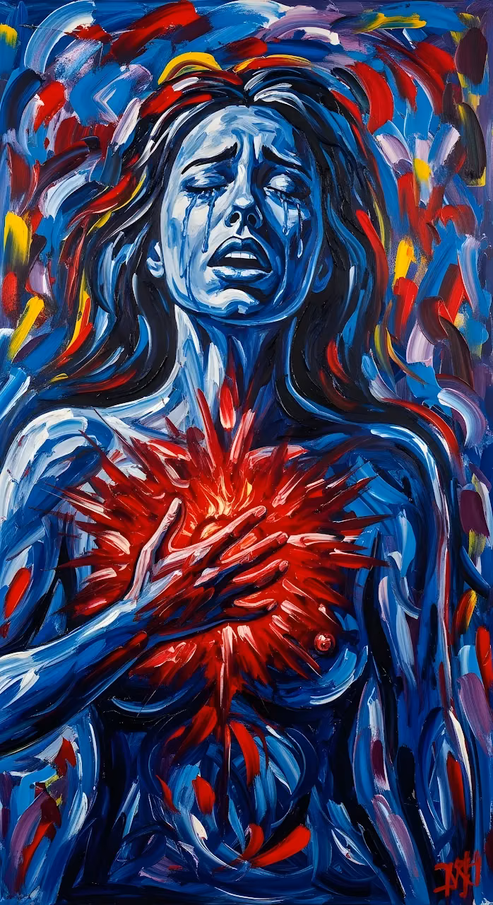 Expressionist Heartbreak Painting Blue Woman Red Burst - Free Mobile AMOLED Wallpaper Background