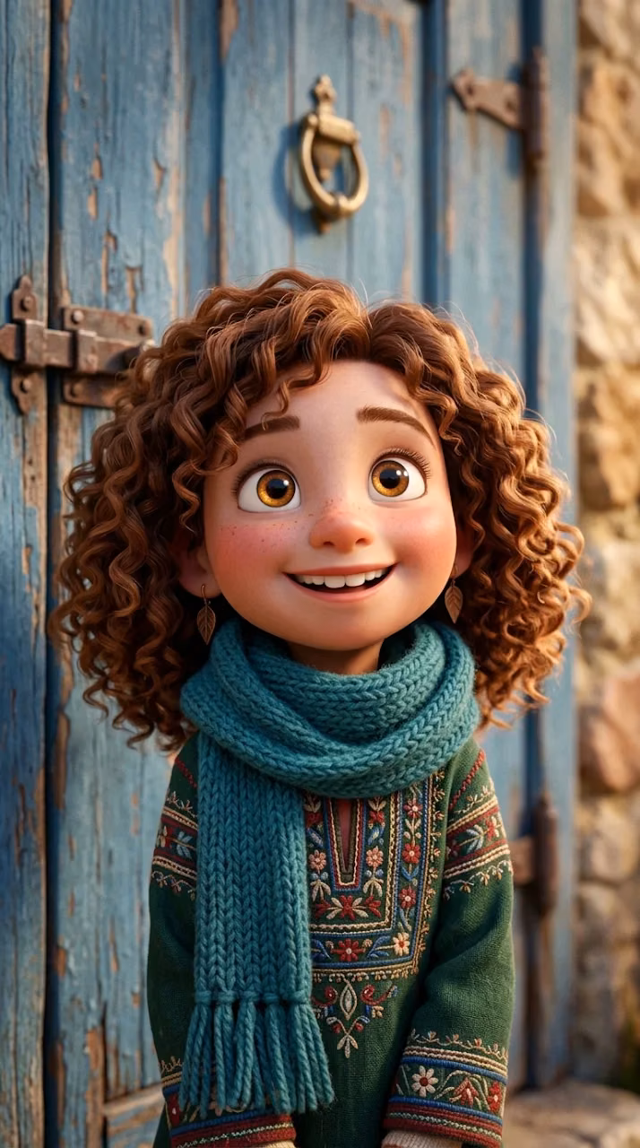 Expressionistic 3D Cartoon Girl in Scarf Against Wooden Door - Free Mobile AMOLED Wallpaper Background