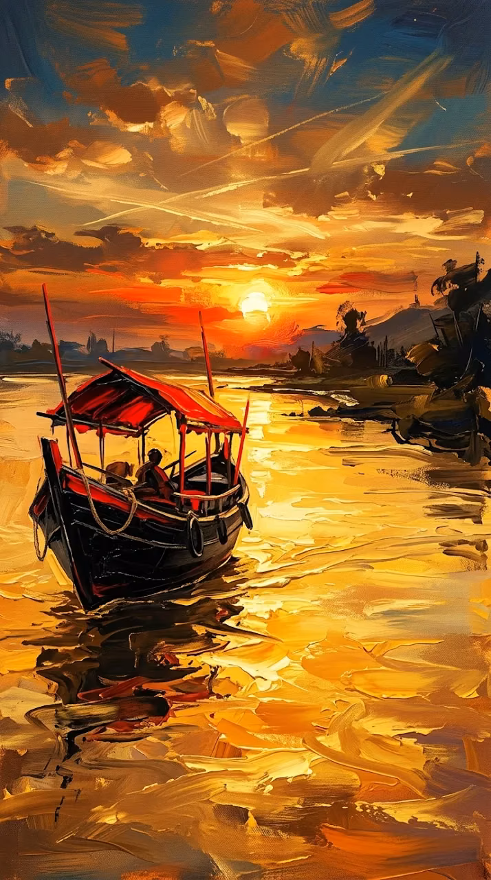 Download Expressive Abstract Painting of a Traditional Boat at Sunset Wallpaper in Mobile HD Expressive Abstract Painting of a Traditional Boat at Sunset - Free Mobile AMOLED Wallpaper Background