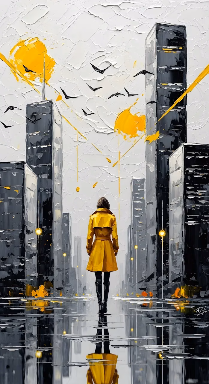 Expressive City Painting Yellow Coat Wet Street Reflection - Free Mobile AMOLED Wallpaper Background
