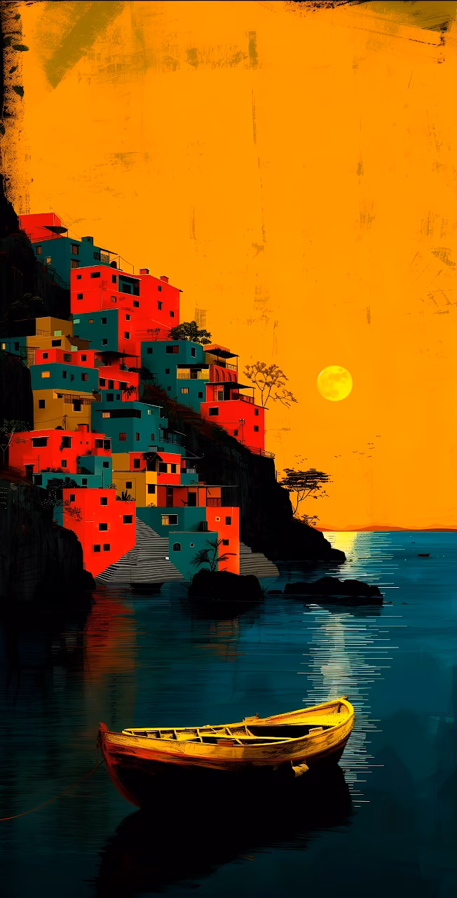 Expressive Coastal Village Art with Orange Sky and Boat - Free Mobile AMOLED Wallpaper Background