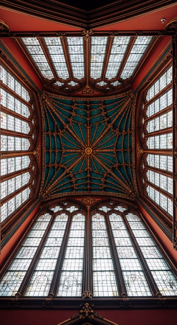 Download Extreme Low Angle of Ornate Star-Patterned Gothic Vaulted Ceiling and Tall Windows Wallpaper in Mobile HD Extreme Low Angle of Ornate Star-Patterned Gothic Vaulted Ceiling and Tall Windows - Free Mobile AMOLED Wallpaper Background