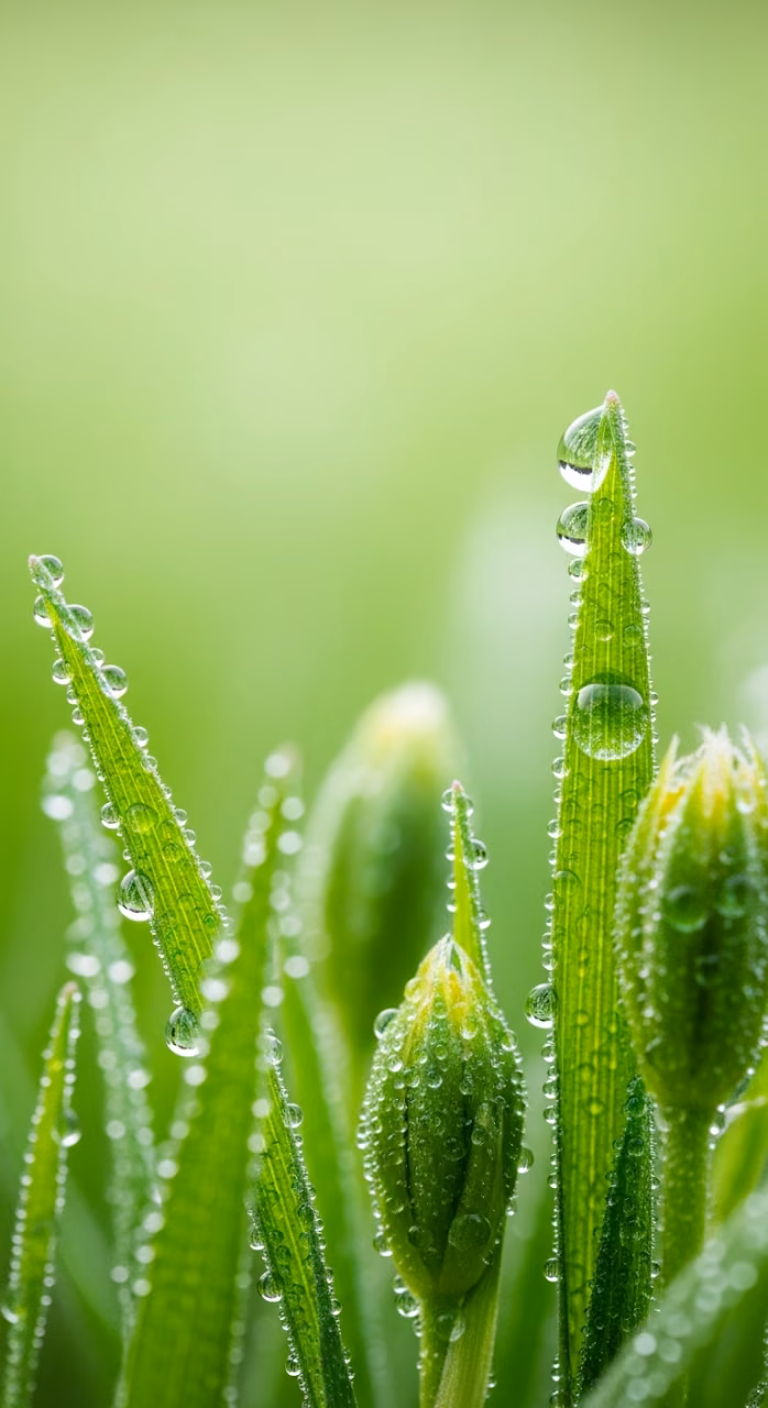 Extreme Macro Photograph of Fresh Green Grass and Buds Covered in Sparkling Dewdrops - Free Mobile AMOLED Wallpaper Background