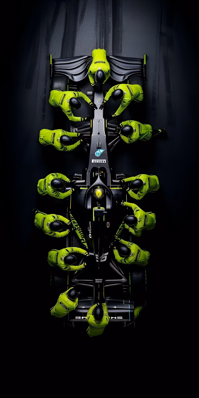 Download F1 Pit Stop Overhead View Neon Pit Crew Symmetry Wallpaper in Mobile HD F1 Pit Stop Overhead View Neon Pit Crew Symmetry - Free Mobile AMOLED Wallpaper Background