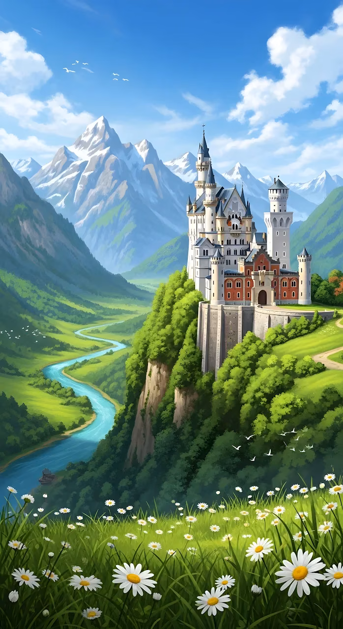 Fairytale Castle Overlooking Lush Green Valley and River - Free Mobile AMOLED Wallpaper Background