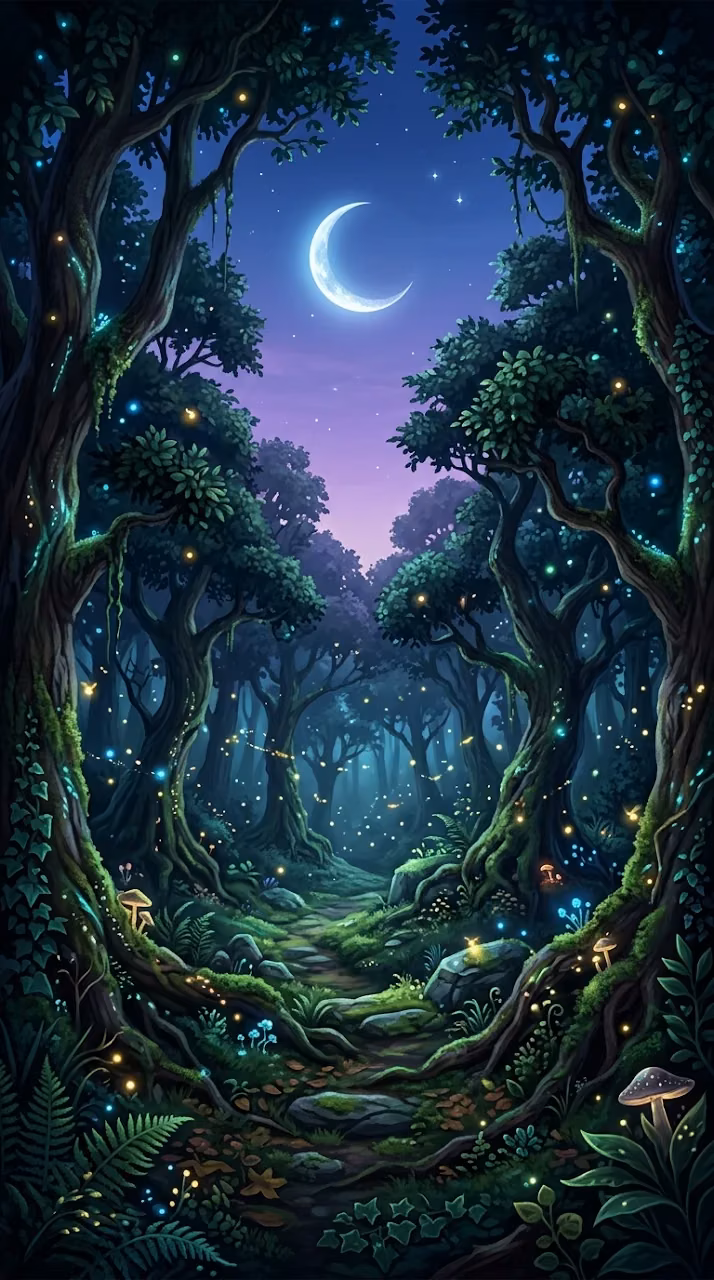 Fairytale Twilight Forest with Moon and Fireflies - Free Mobile AMOLED Wallpaper Background