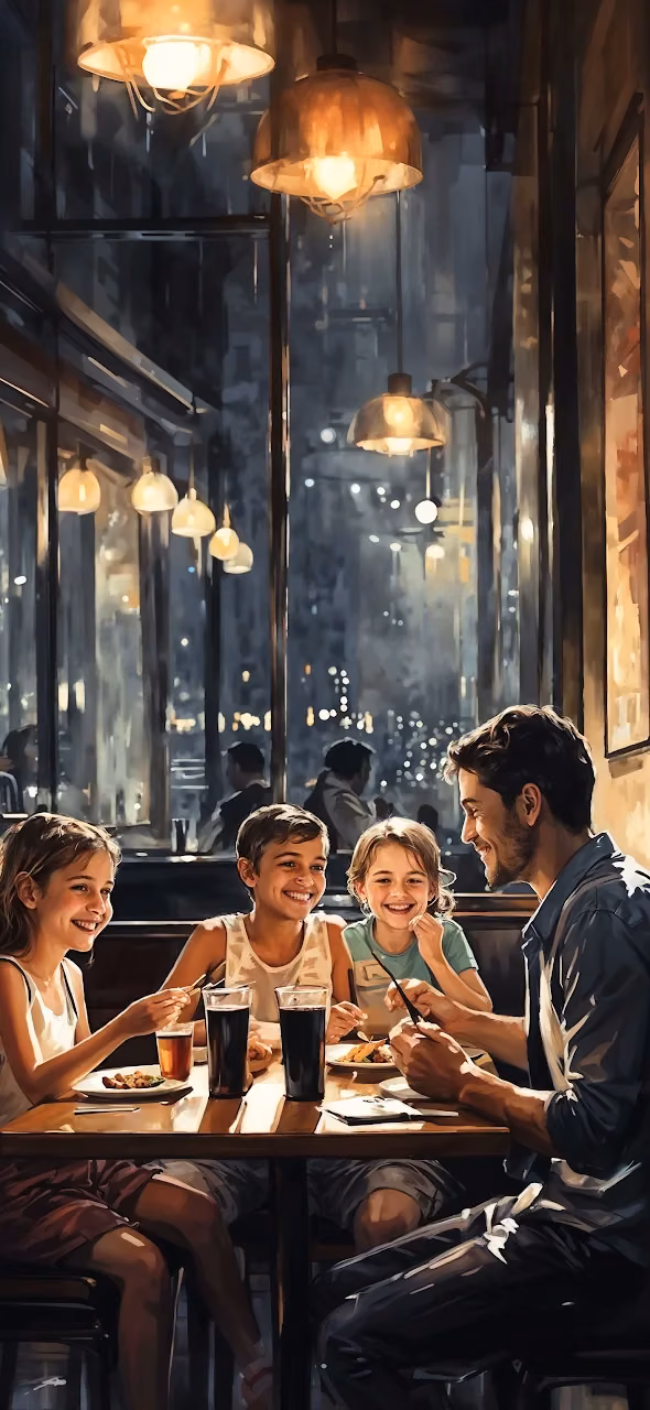 Family Sharing Dinner in Cozy Restaurant - Free Mobile AMOLED Wallpaper Background