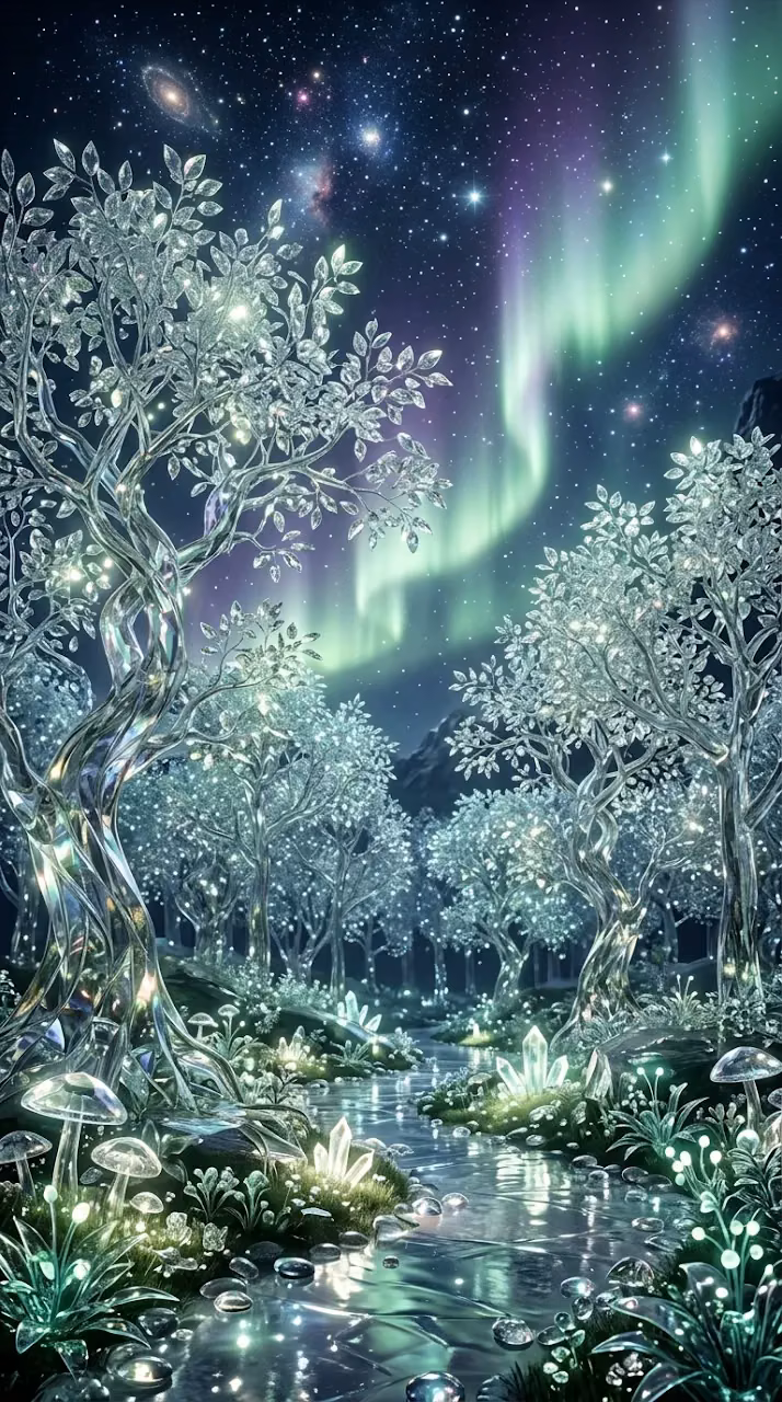 Download Fantastical Forest with Shimmering Glass Trees and Aurora Sky Wallpaper in Mobile HD Fantastical Forest with Shimmering Glass Trees and Aurora Sky - Free Mobile AMOLED Wallpaper Background