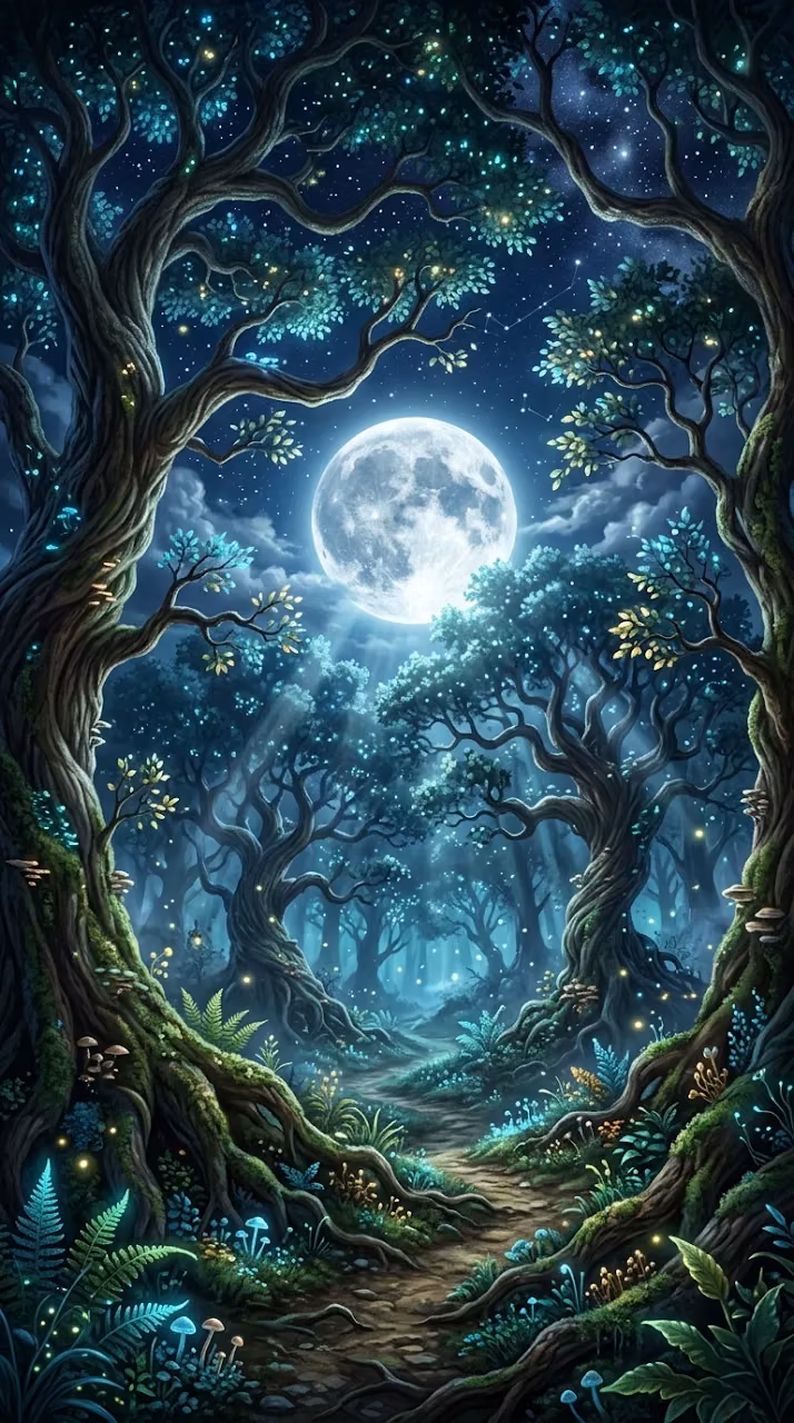 Fantastical Moonlit Forest with Bioluminescent Trees - Free Mobile AMOLED Wallpaper Background