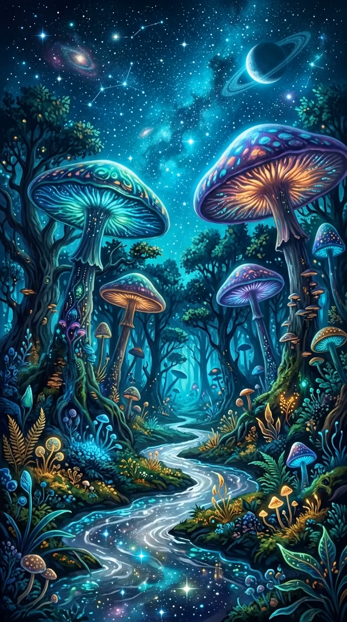Download Fantasy Alien Forest with Glowing Mushrooms and a Silver Winding Stream Wallpaper in Mobile HD Fantasy Alien Forest with Glowing Mushrooms and a Silver Winding Stream - Free Mobile AMOLED Wallpaper Background