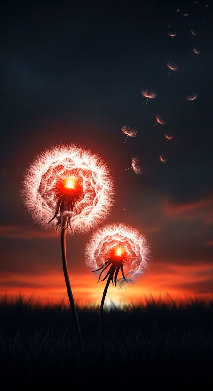 Download Fantasy Art of Glowing Dandelions at Sunset or Dusk Wallpaper in Mobile HD Fantasy Art of Glowing Dandelions at Sunset or Dusk - Free Mobile AMOLED Wallpaper Background