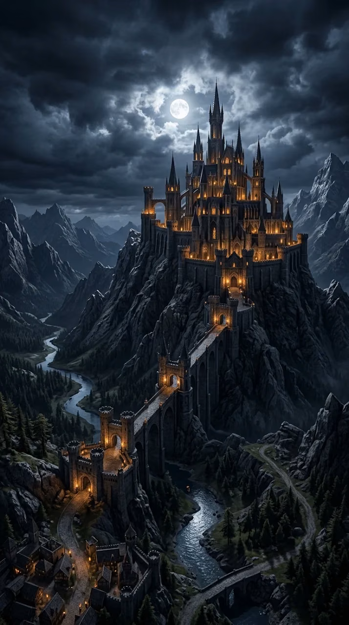 Fantasy Castle Overlooking a Valley Under a Moonlit Sky - Free Mobile AMOLED Wallpaper Background