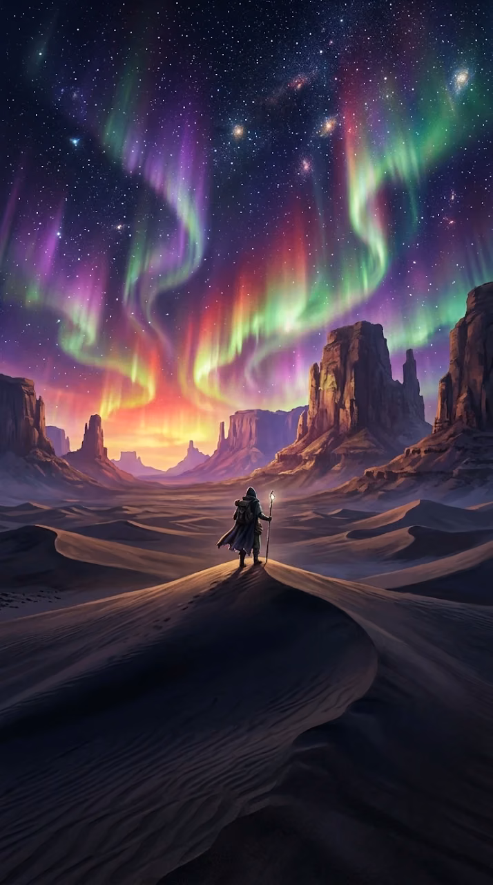 Download Fantasy Desert Landscape with Swirling Auroras and Wanderer Wallpaper in Mobile HD Fantasy Desert Landscape with Swirling Auroras and Wanderer - Free Mobile AMOLED Wallpaper Background