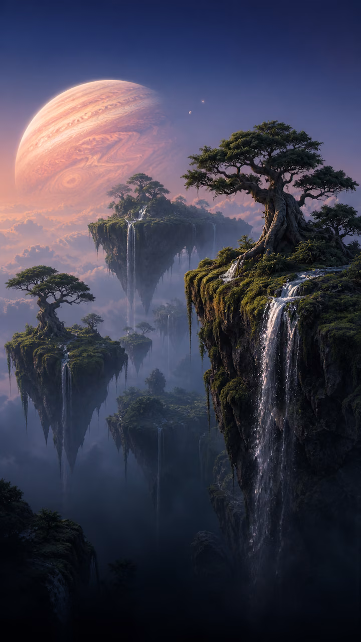 Download Fantasy Floating Mossy Islands with Waterfalls Wallpaper Wallpaper in Mobile HD Fantasy Floating Mossy Islands with Waterfalls Wallpaper - Free Mobile AMOLED Wallpaper Background