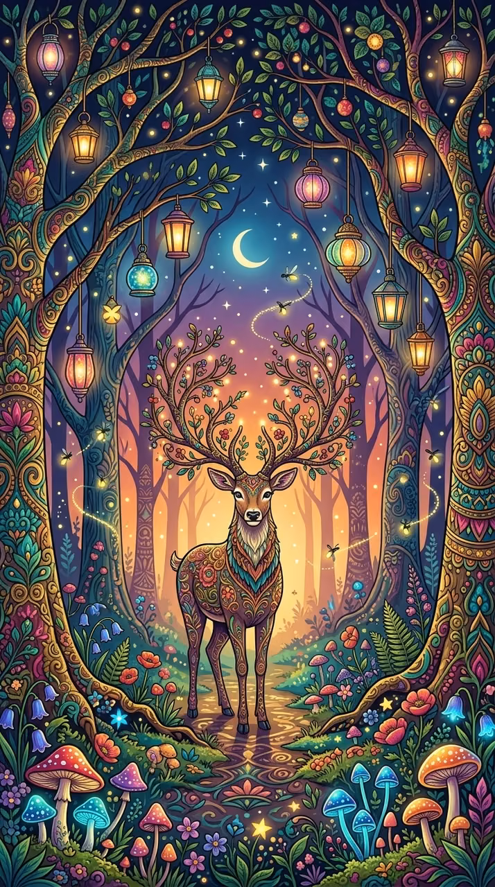 Download Fantasy Forest Illustration with Glowing Lanterns and Mythical Deer Wallpaper in Mobile HD Fantasy Forest Illustration with Glowing Lanterns and Mythical Deer - Free Mobile AMOLED Wallpaper Background