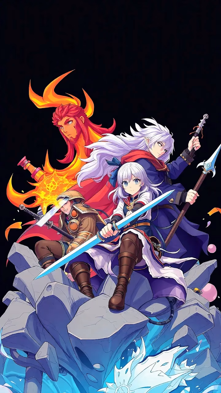 Fantasy Heroes with Swords on Ice and Fire - Free Mobile AMOLED Wallpaper Background