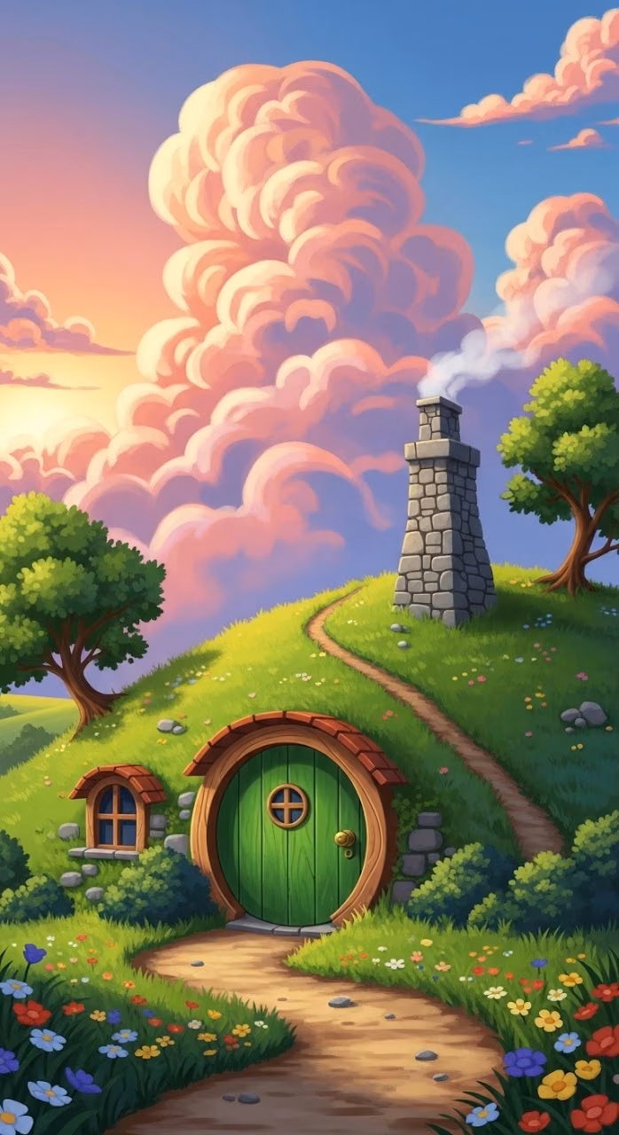 Fantasy Hobbit House Under a Pink Sunset Sky - Free Mobile AMOLED Wallpaper Background