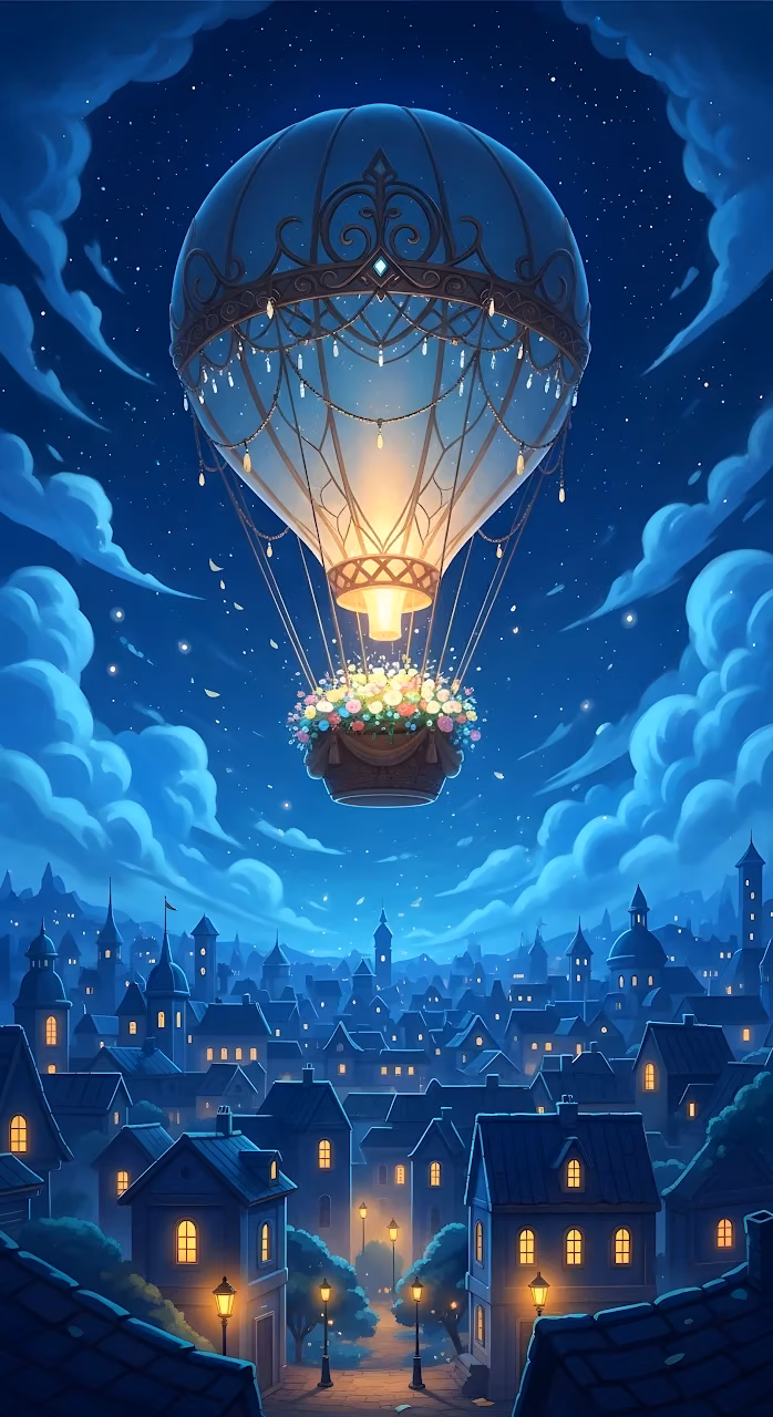 Download Fantasy Hot Air Balloon Floating Over Cozy Night Town Wallpaper in Mobile HD Fantasy Hot Air Balloon Floating Over Cozy Night Town - Free Mobile AMOLED Wallpaper Background