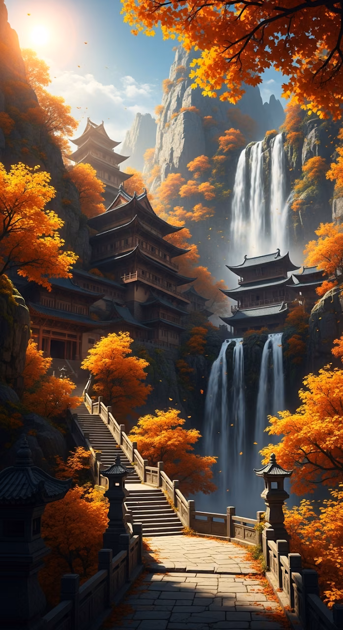 Fantasy Illustration of a Traditional Asian Temple on a Cliff with Waterfall and Autumn Foliage - Free Mobile AMOLED Wallpaper Background