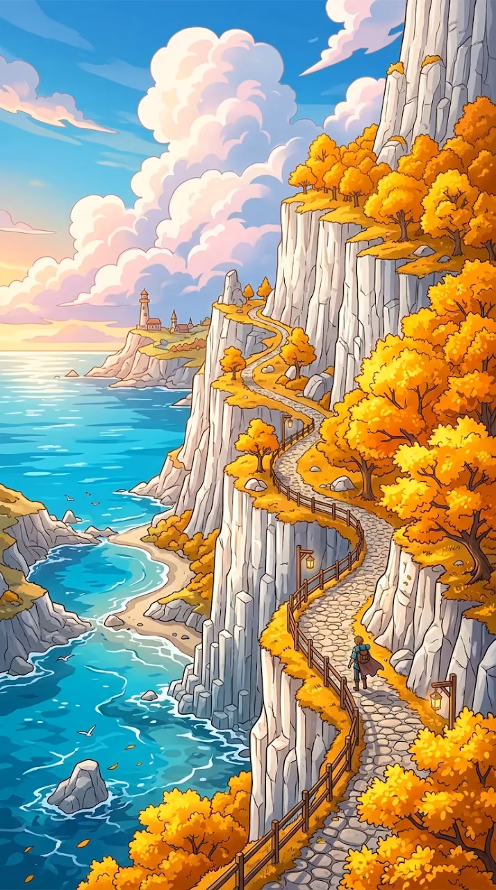 Download Fantasy Illustration of Golden Autumn Trees on White Coastal Cliffs Wallpaper in Mobile HD Fantasy Illustration of Golden Autumn Trees on White Coastal Cliffs - Free Mobile AMOLED Wallpaper Background