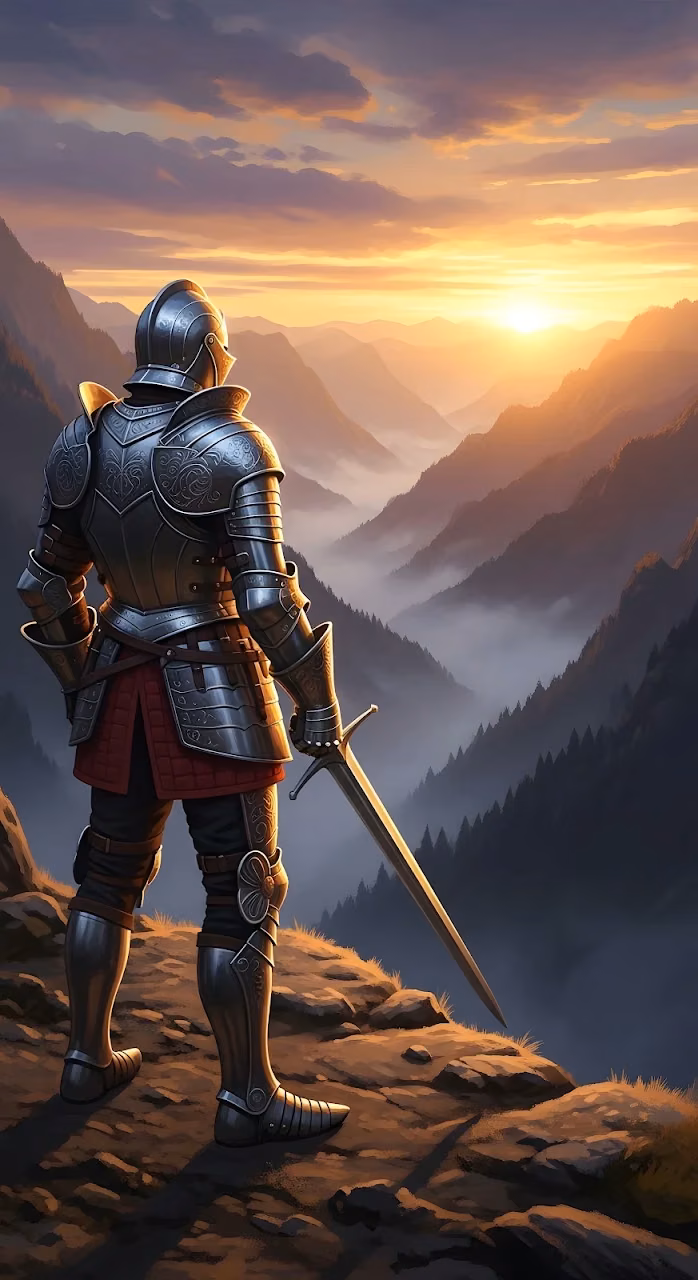 Fantasy Knight Surveying Foggy Sunset Mountain Kingdom - Free Mobile AMOLED Wallpaper Background
