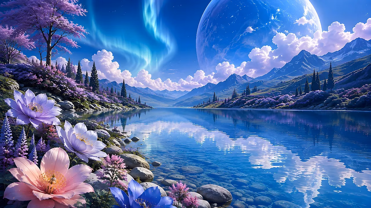 Alpine lake reflecting green aurora borealis and a large celestial planet beside purple wildflowers.