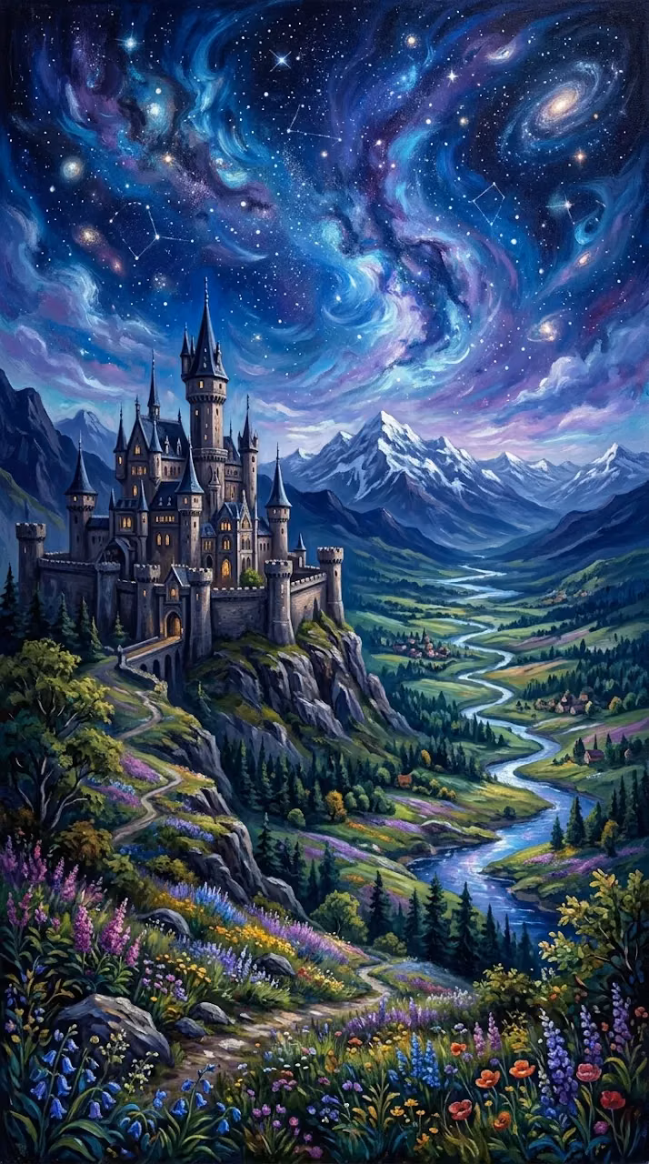 Download Fantasy Painting Of A Castle In A Mountain Valley Under A Starry Sky Wallpaper in Mobile HD Fantasy Painting Of A Castle In A Mountain Valley Under A Starry Sky - Free Mobile AMOLED Wallpaper Background