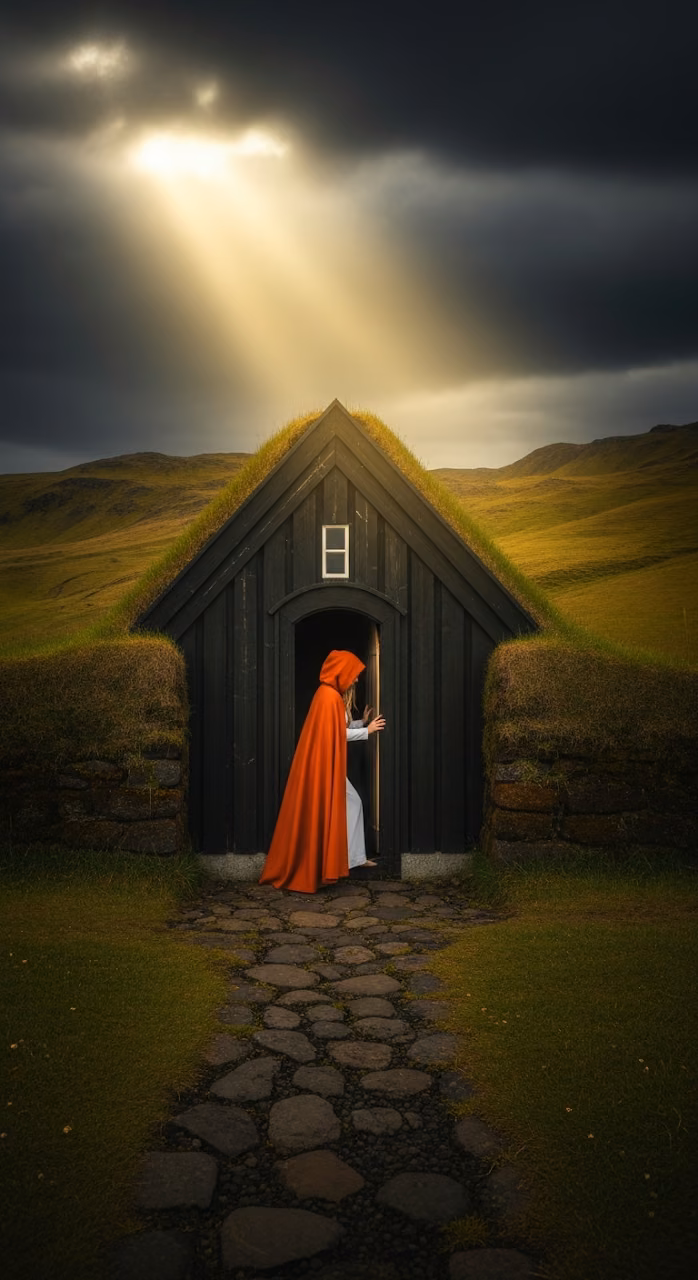 Download Fantasy Scene of a Woman in an Orange Cloak Entering a Traditional Icelandic Turf House Under a Stormy Sky Wallpaper in Mobile HD Fantasy Scene of a Woman in an Orange Cloak Entering a Traditional Icelandic Turf House Under a Stormy Sky - Free Mobile AMOLED Wallpaper Background
