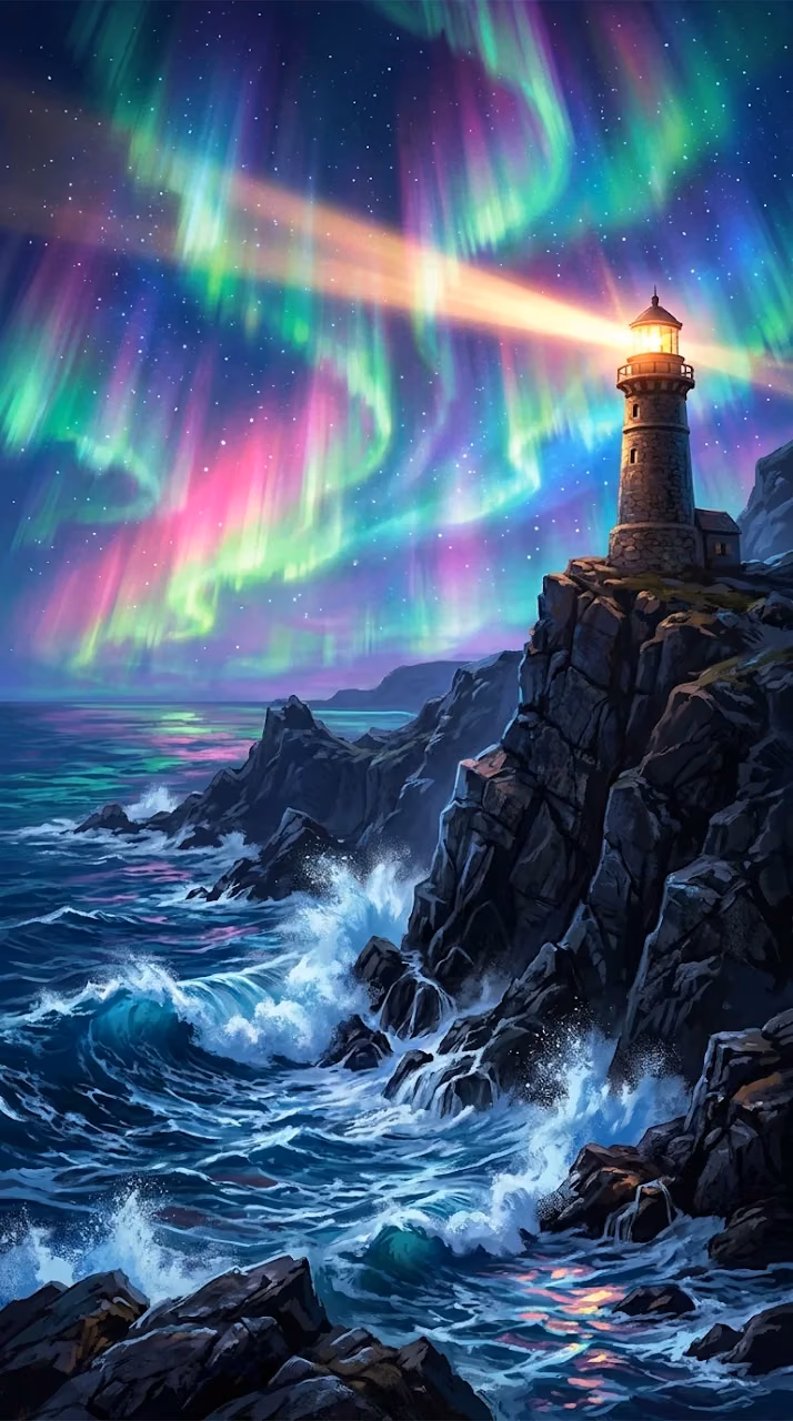 Download Fantasy Seascape with Vibrant Aurora and Lighthouse on Rugged Cliffs Wallpaper in Mobile HD Fantasy Seascape with Vibrant Aurora and Lighthouse on Rugged Cliffs - Free Mobile AMOLED Wallpaper Background