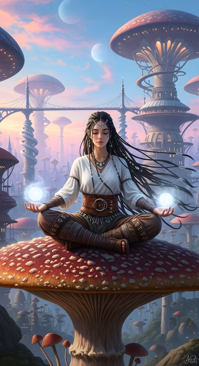 Fantasy Shaman Meditating on Giant Mushroom Cityscape - Free Mobile AMOLED Wallpaper Background