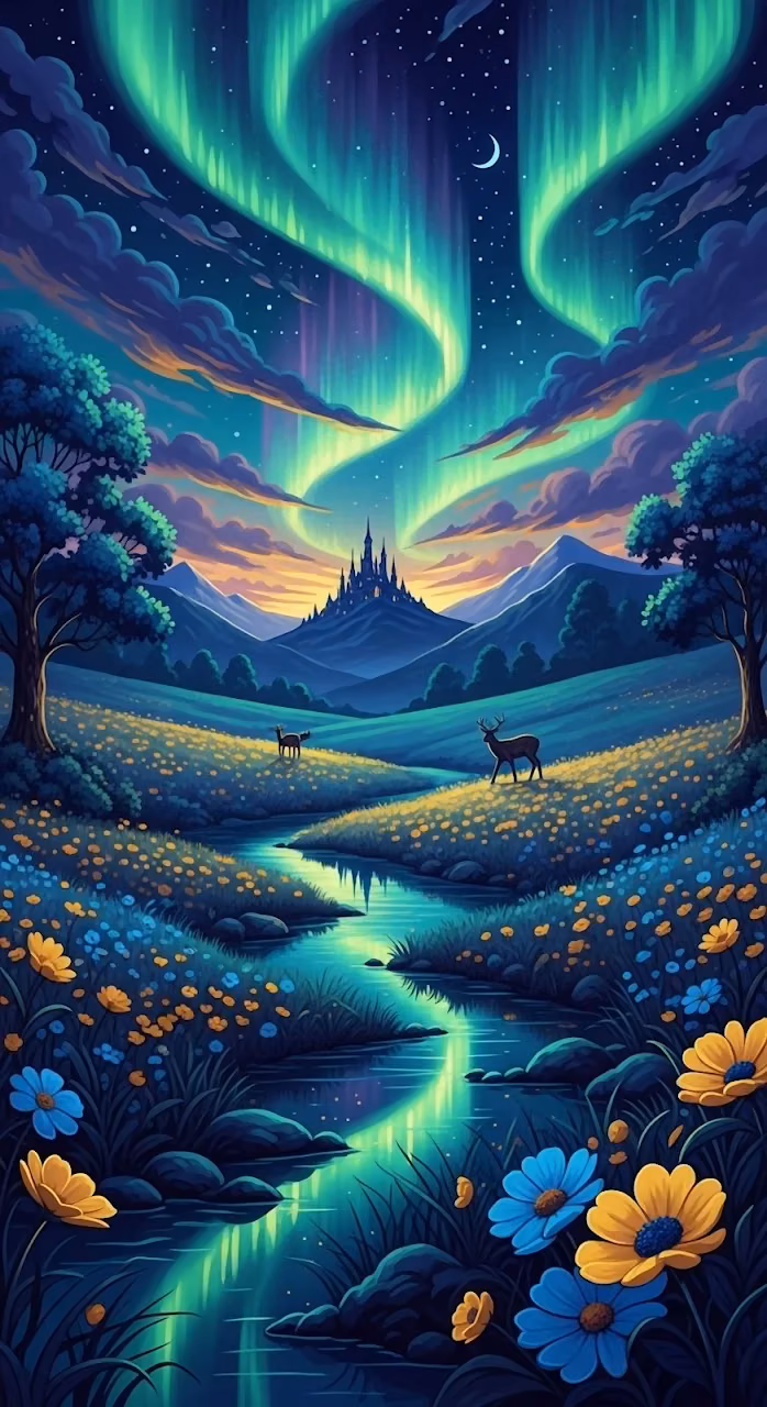 Fantasy Valley with Aurora Borealis and Distant Castle - Free Mobile AMOLED Wallpaper Background