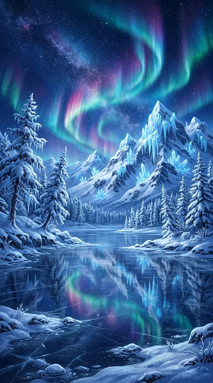 Fantasy Winter Landscape with Snow Mountains and Luminous Aurora - Free Mobile AMOLED Wallpaper Background