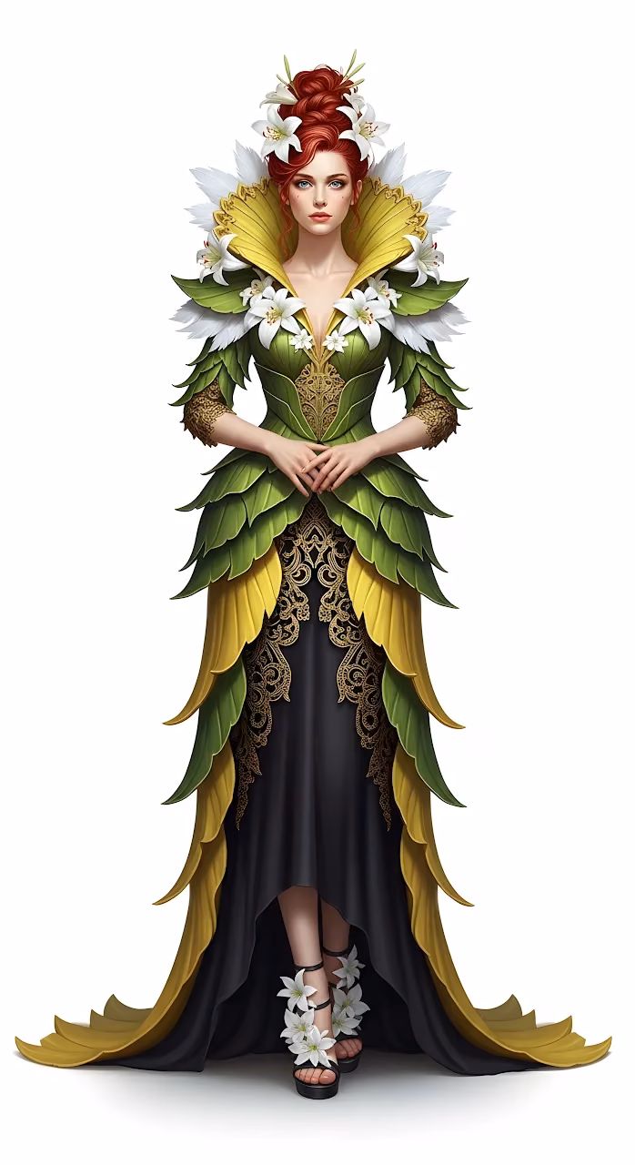 Fantasy Woman in Green Leaf and Lily Floral Gown - Free Mobile AMOLED Wallpaper Background