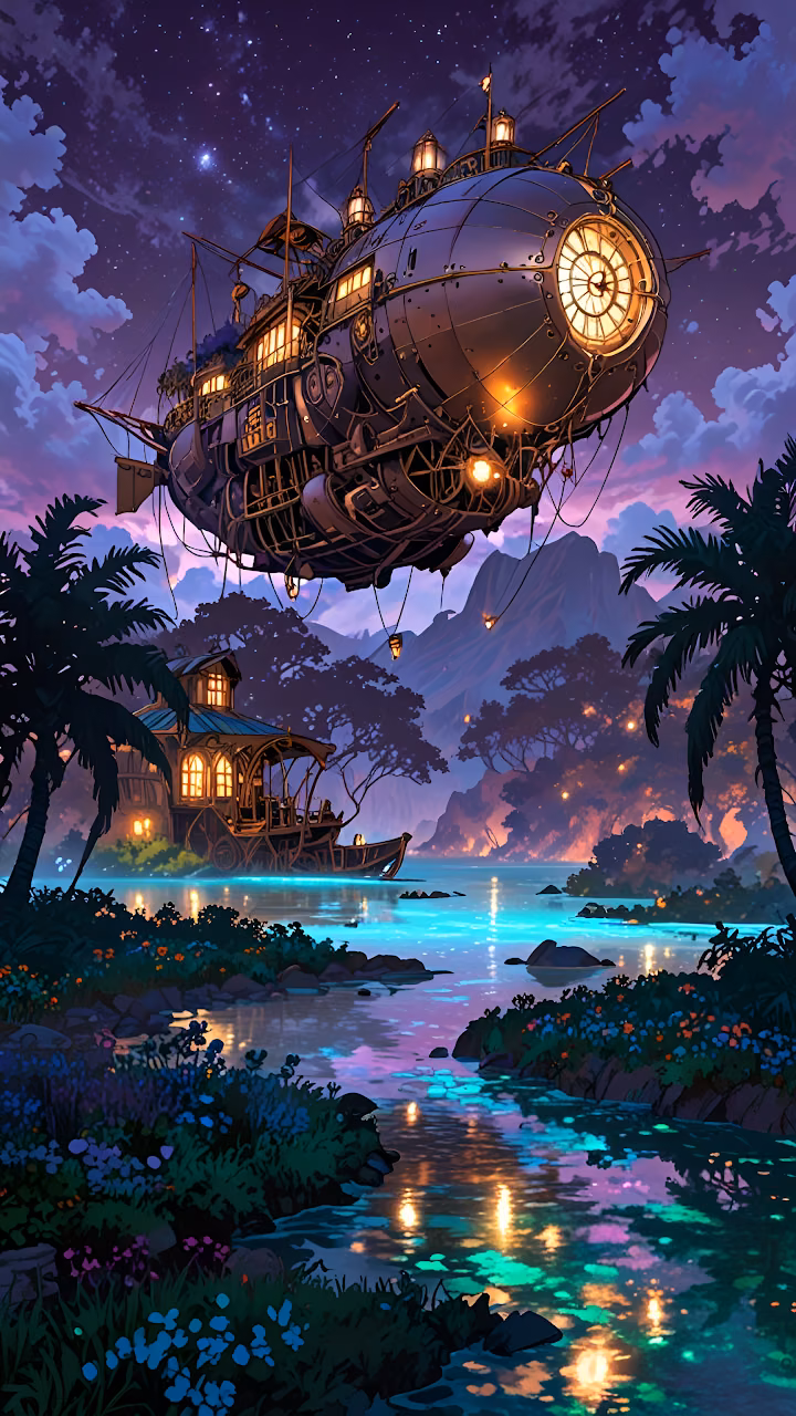 Fantasy Zephyr Over Luminous Jungle River Twilight - Free Mobile AMOLED Wallpaper Background