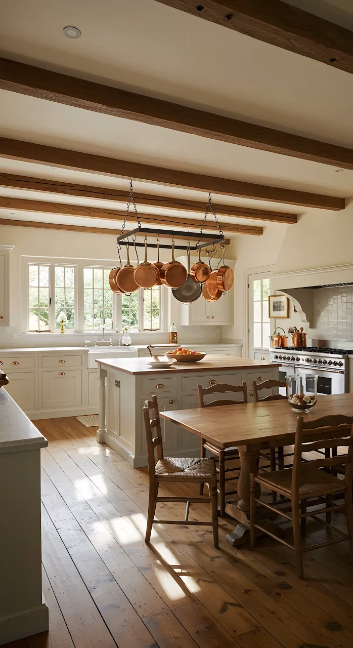 Farmhouse Kitchen Dining Area with Wood Beams and Copper Pots - Free Mobile AMOLED Wallpaper Background