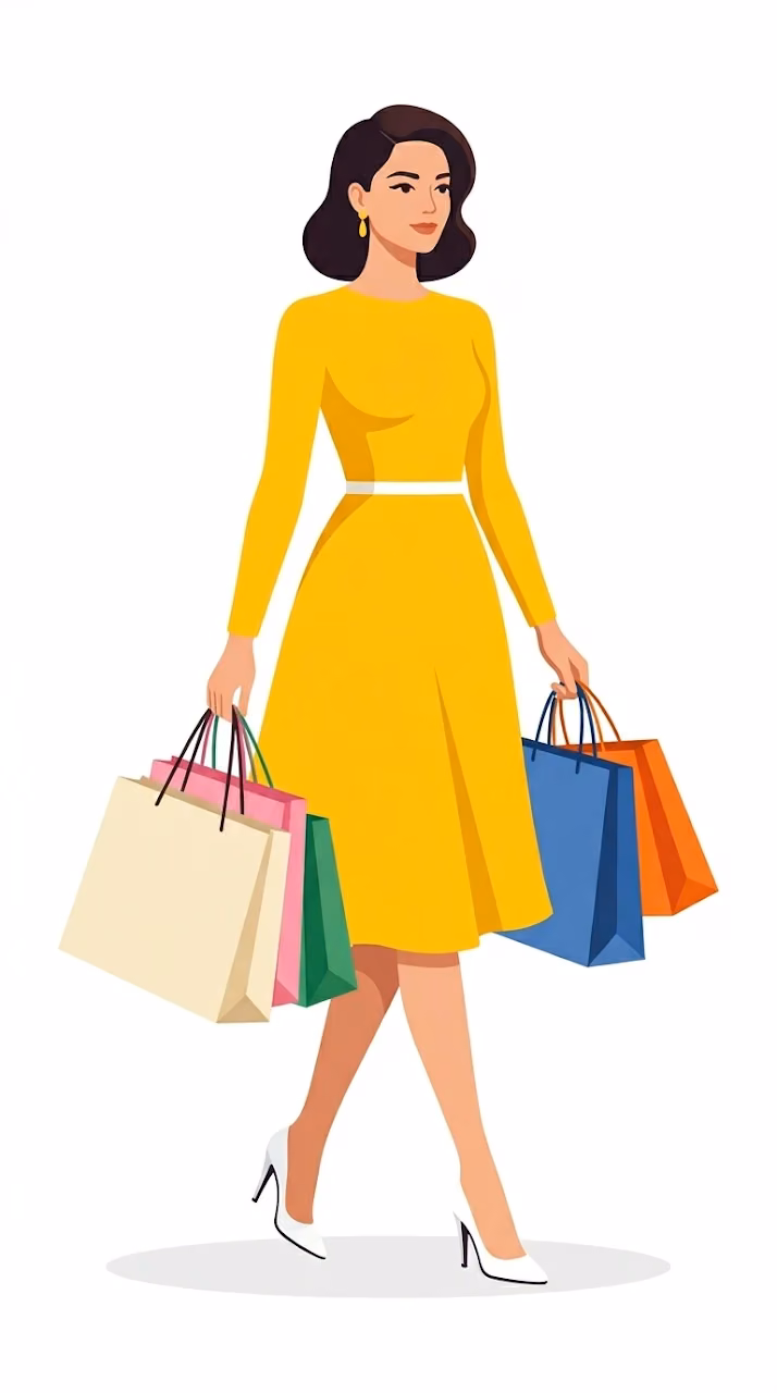Fashion Illustration Of A Woman Shopping In A Yellow Dress - Free Mobile AMOLED Wallpaper Background