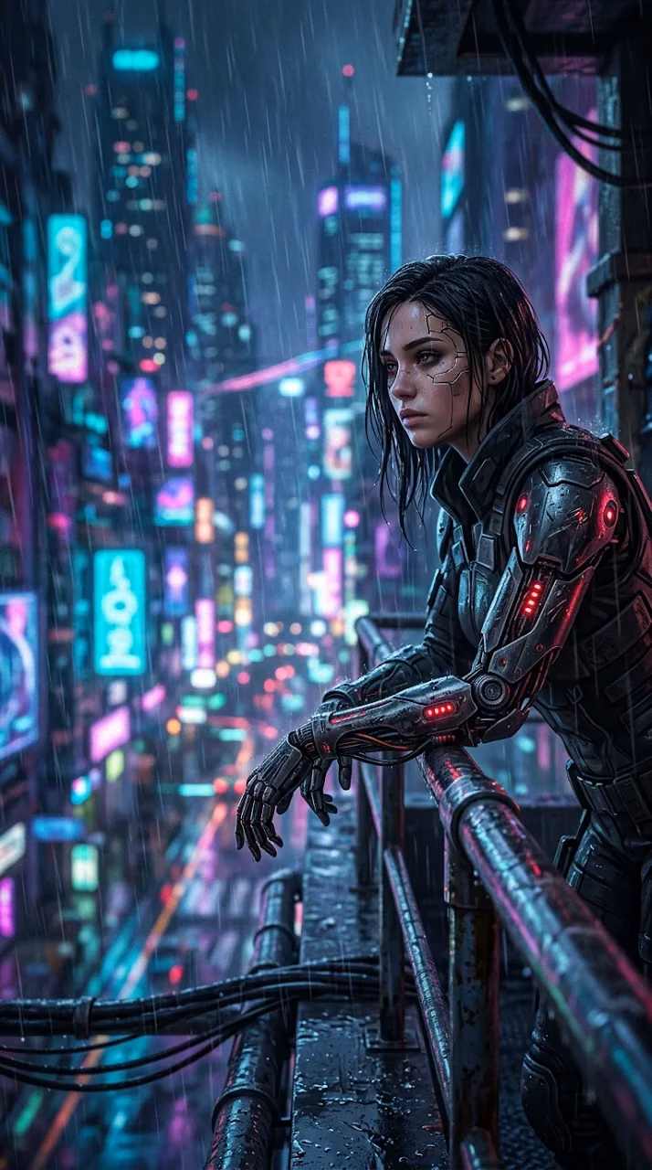 Female Cyborg Figure in Rain with Neon City Background - Free Mobile AMOLED Wallpaper Background