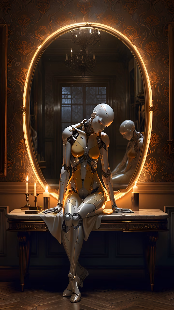Female Robot Contemplating Reflection in Ornate Mirror - Free Mobile AMOLED Wallpaper Background