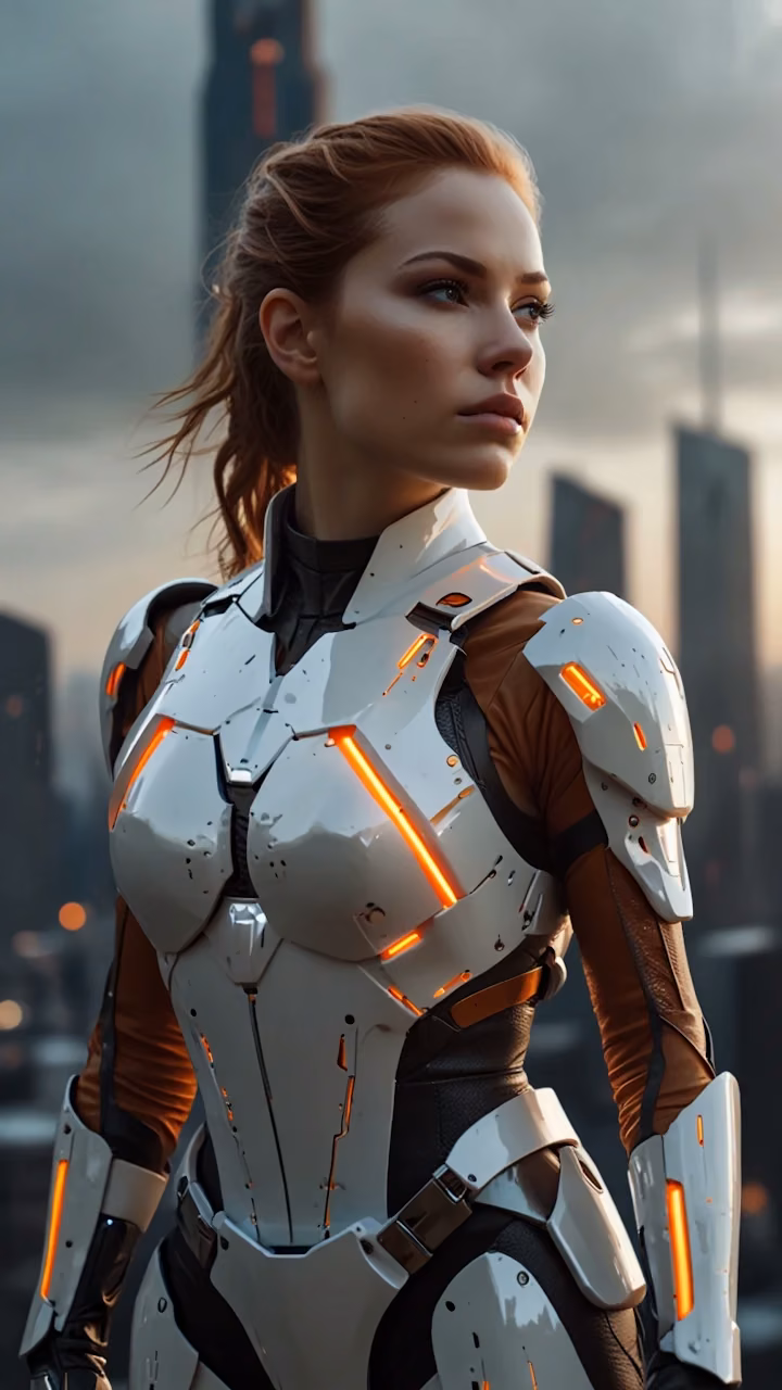 Female soldier in white and orange armored suit stands tall - Free Mobile AMOLED Wallpaper Background