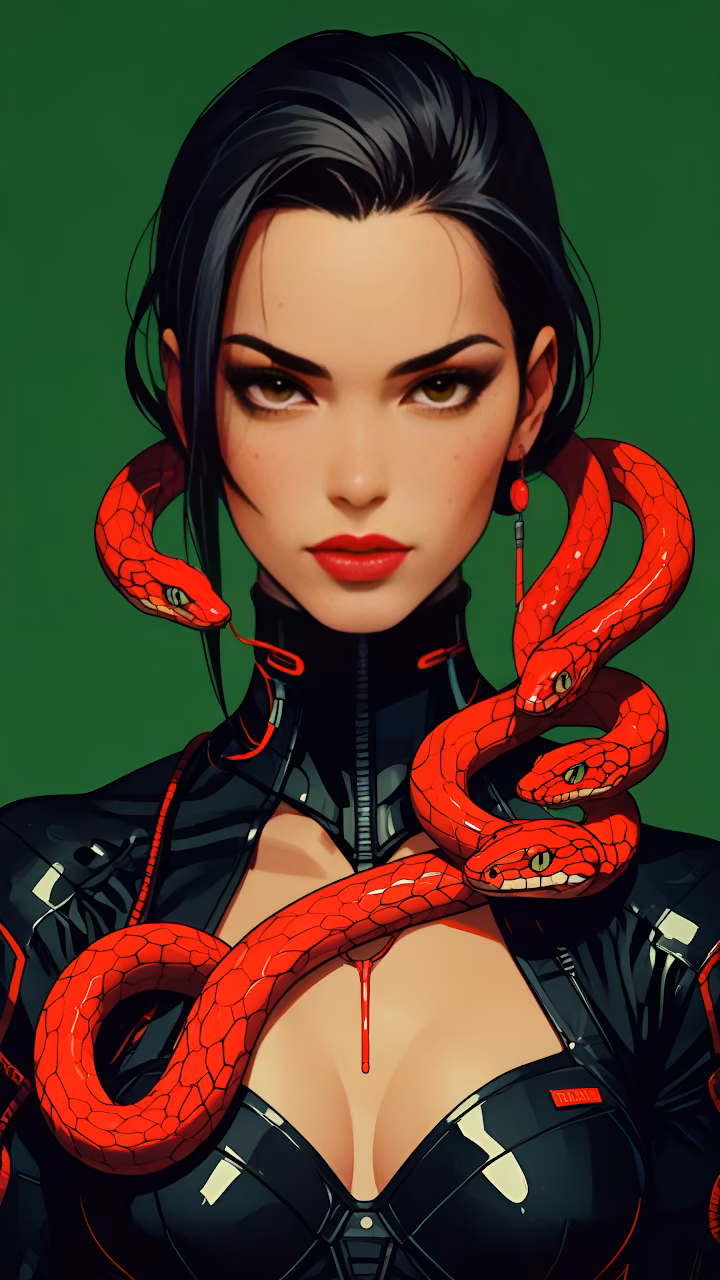 Download Femme Fatale Portrait Red Snakes Cyberpunk Fashion Art Wallpaper in Mobile HD Femme Fatale Portrait Red Snakes Cyberpunk Fashion Art - Free Mobile AMOLED Wallpaper Background