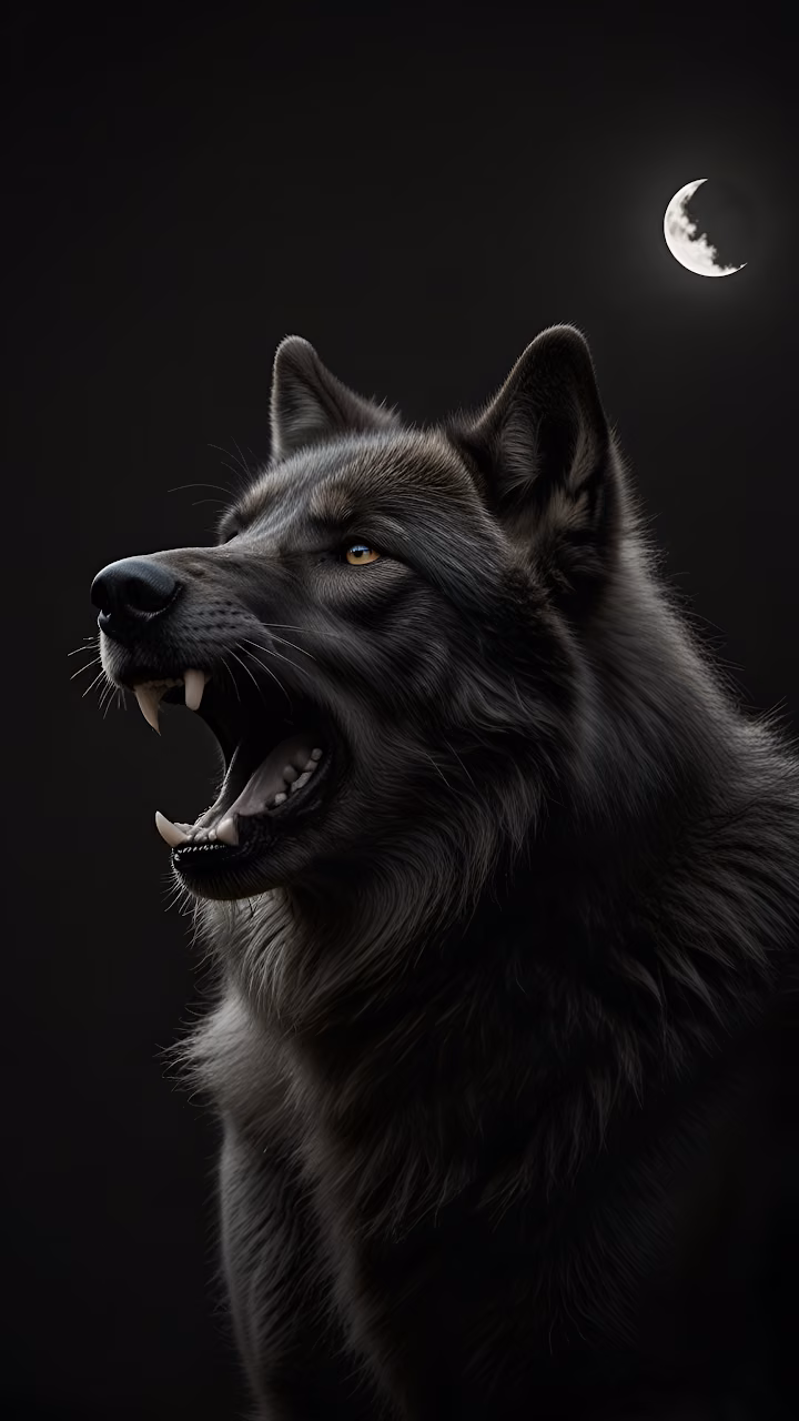 Ferocious Black Wolf Howling at Crescent Moon, Dramatic Portrait - Free Mobile AMOLED Wallpaper Background