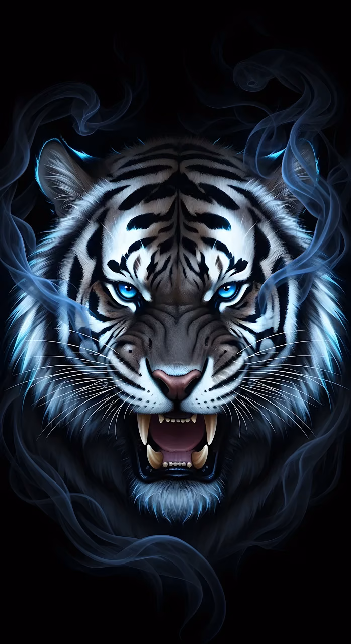 Ferocious White Tiger Portrait with Blue Smoke - Free Mobile AMOLED Wallpaper Background