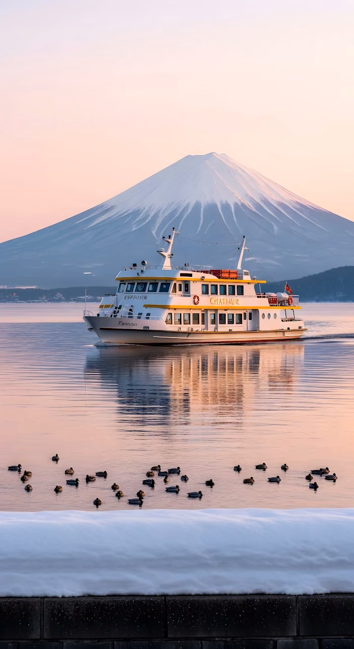 Ferry Boat Sailing Lake Kawaguchi Mount Fuji Sunrise View - Free Mobile AMOLED Wallpaper Background