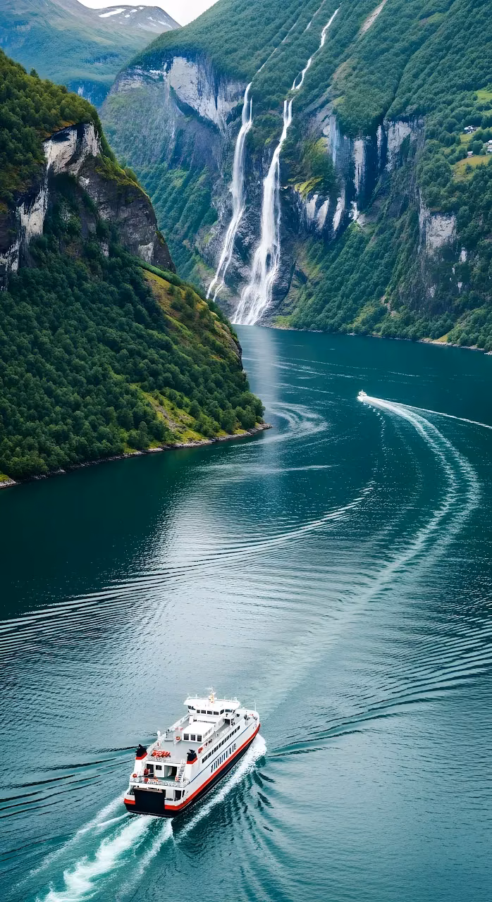 Ferry Cruising Geiranger Fjord Past Seven Sisters Waterfall - Free Mobile AMOLED Wallpaper Background
