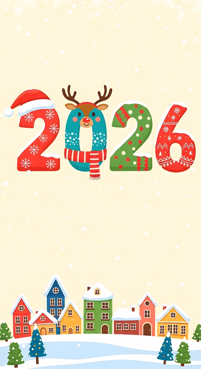 Festive 2026 Reindeer New Year Village Illustration - Free Mobile AMOLED Wallpaper Background