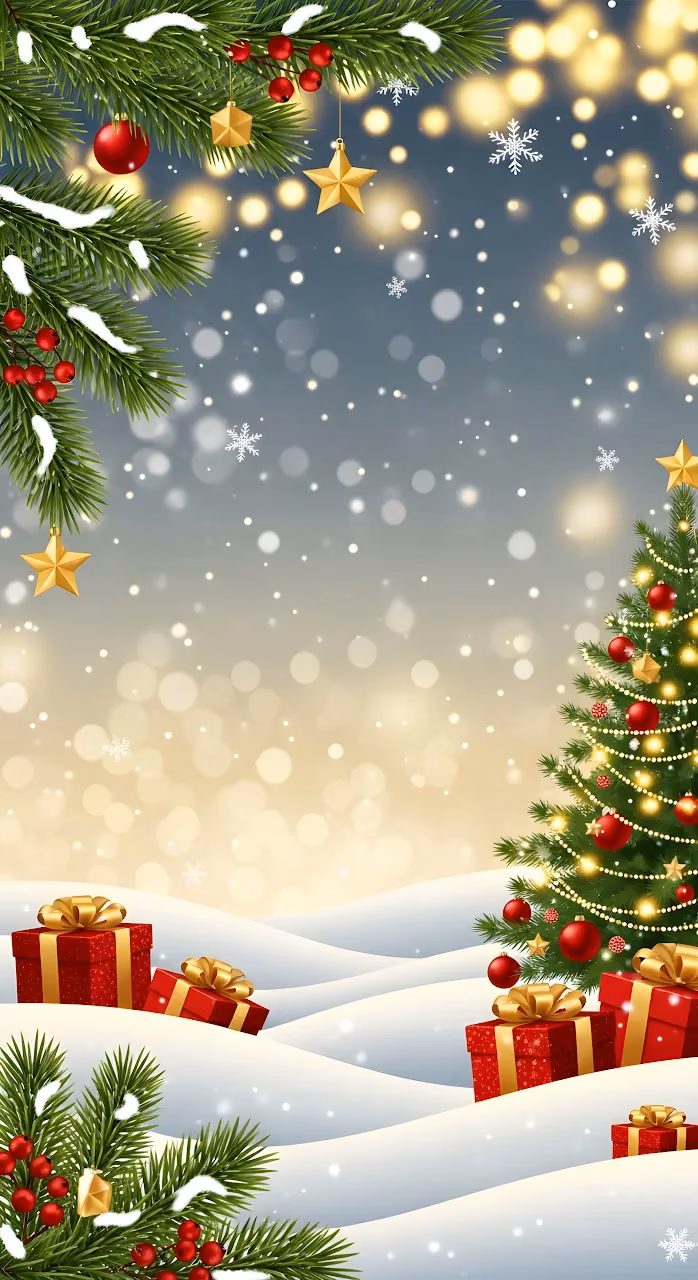Festive Christmas Snow Scene Gifts Pine Boughs - Free Mobile AMOLED Wallpaper Background