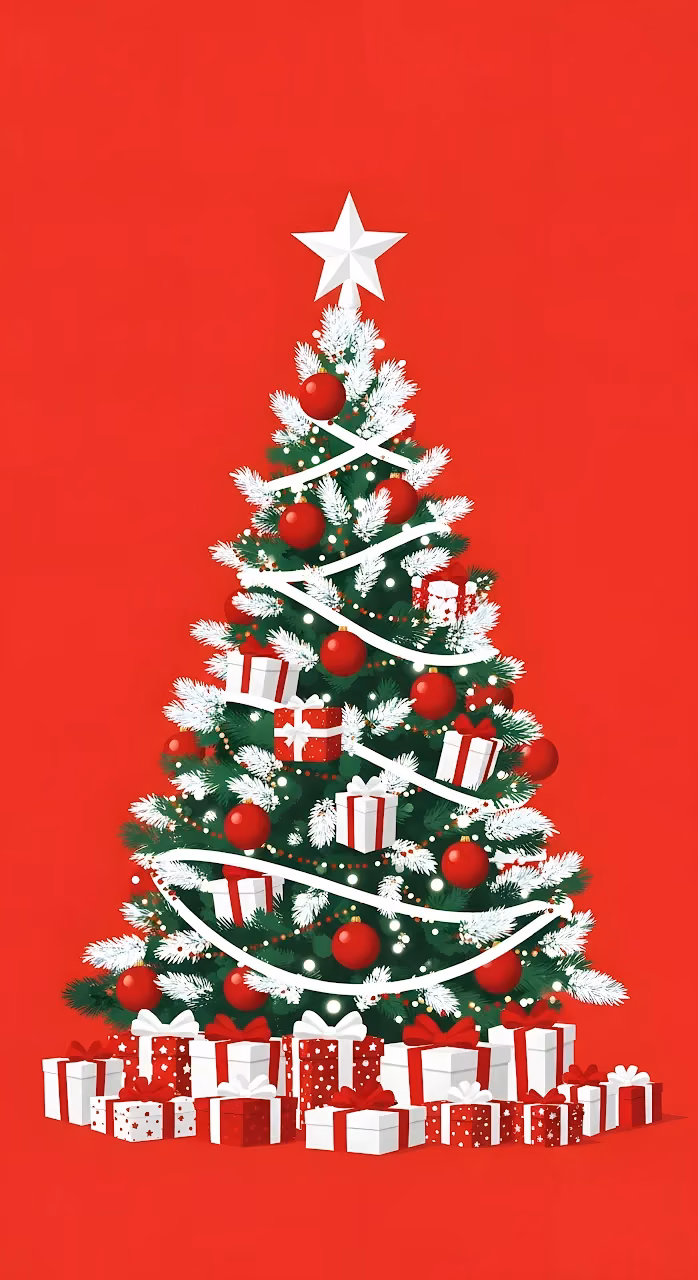 Festive Christmas Tree Illustration with Red Background - Free Mobile AMOLED Wallpaper Background